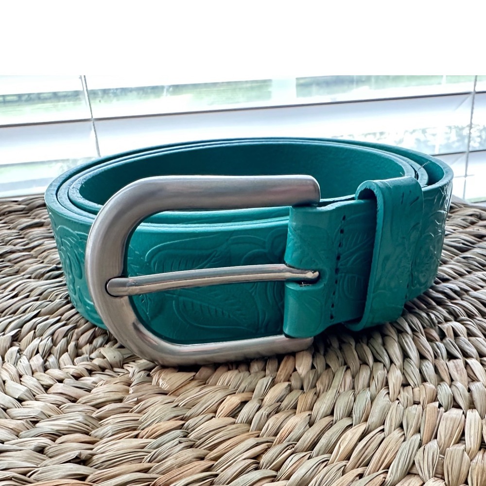 Patricia Nash Womens Teal Turquoise Leather Floral Embossed Belt Silver Buckle